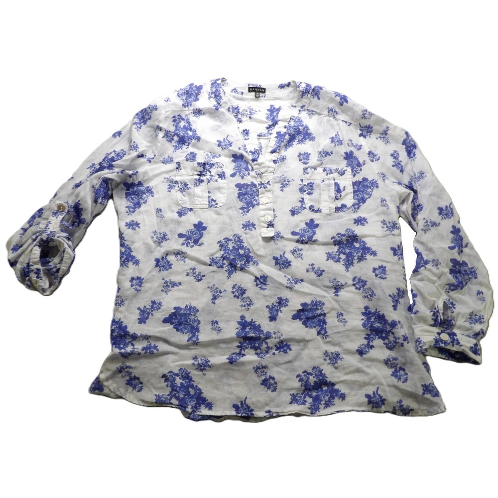 Hannah Women Blue White Floral 100% Linen Roll Tab Sleeve Blouse Shirt XL Casual